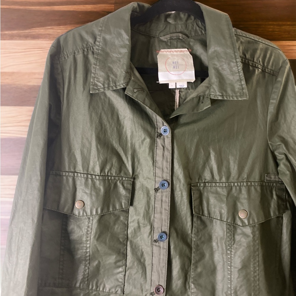 Anthropologie Cropped Waxed Green Utility Jacket Sz L EUC